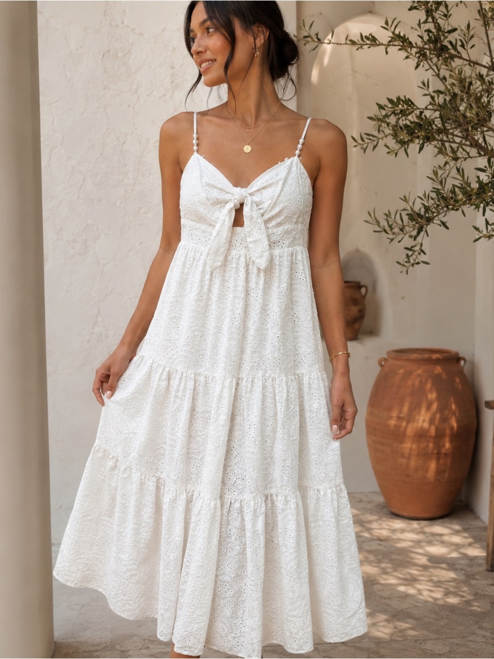 House of Harlow 1960 White Eyelet Tie-Front Maxi Dress
